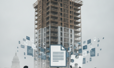 Silhouettes of people holding devices in front of a tall, partially constructed buil — Affordable Housing Construction Act