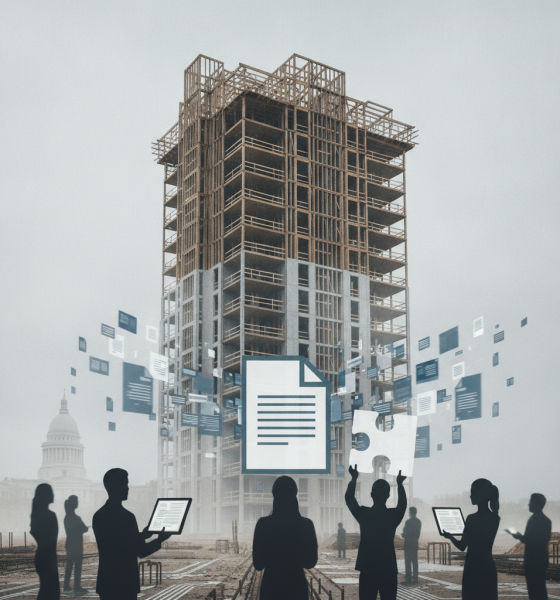 Silhouettes of people holding devices in front of a tall, partially constructed buil — Affordable Housing Construction Act