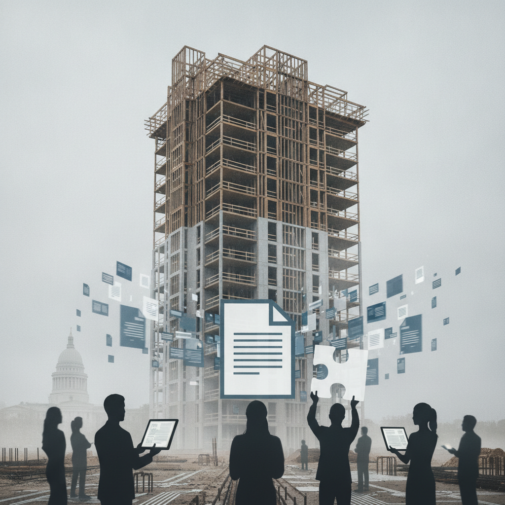 Silhouettes of people holding devices in front of a tall, partially constructed buil — Affordable Housing Construction Act