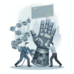 Two men in suits working together to move a large robotic hand, symbolizing the American Glove Act of 2026 and supply chai…