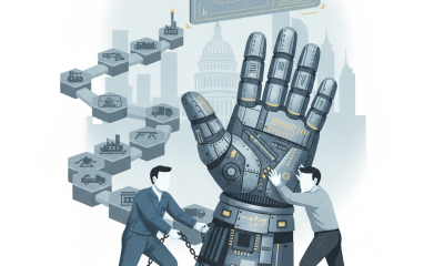 Two men in suits working together to move a large robotic hand, symbolizing the American Glove Act of 2026 and supply chai…