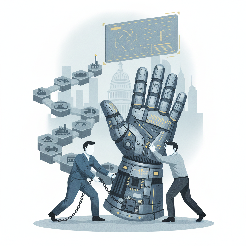 Two men in suits working together to move a large robotic hand, symbolizing the American Glove Act of 2026 and supply chai…