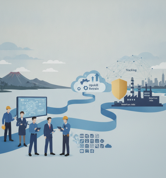 Illustration depicting workers discussing — Federal Undertaking to Track Upskill and Retrain for Employment of Workers Act