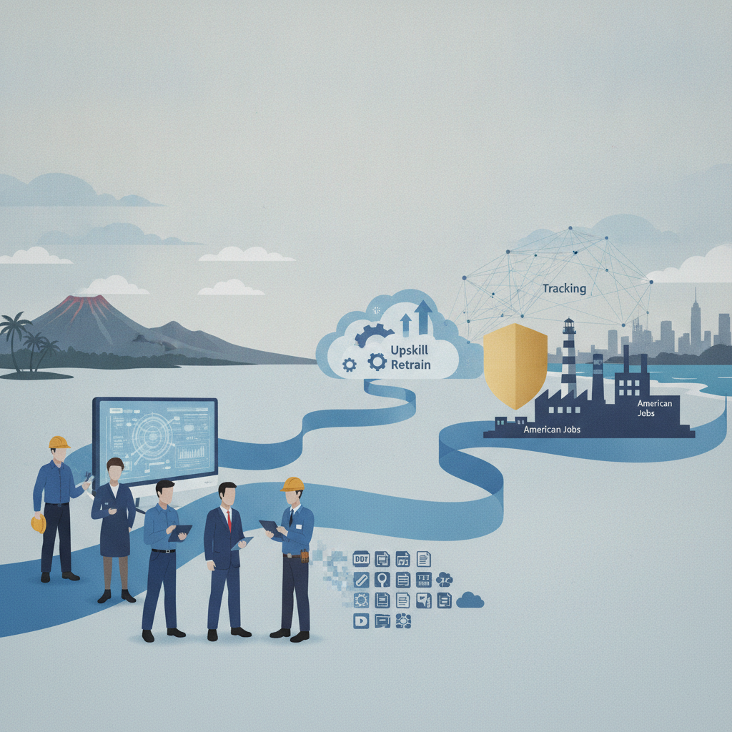 Illustration depicting workers discussing — Federal Undertaking to Track Upskill and Retrain for Employment of Workers Act