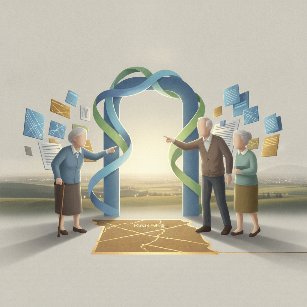 Two elderly couples discussing healthcare options with a backdrop of Kansa — Guaranteeing Access to Supplemental Plans Act