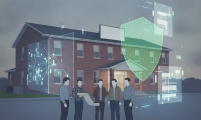 A group of six people discussing plans outside a brick building, with digi — Long-Term Rural Health Investment Act of 2026