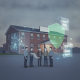 A group of six people discussing plans outside a brick building, with digi — Long-Term Rural Health Investment Act of 2026