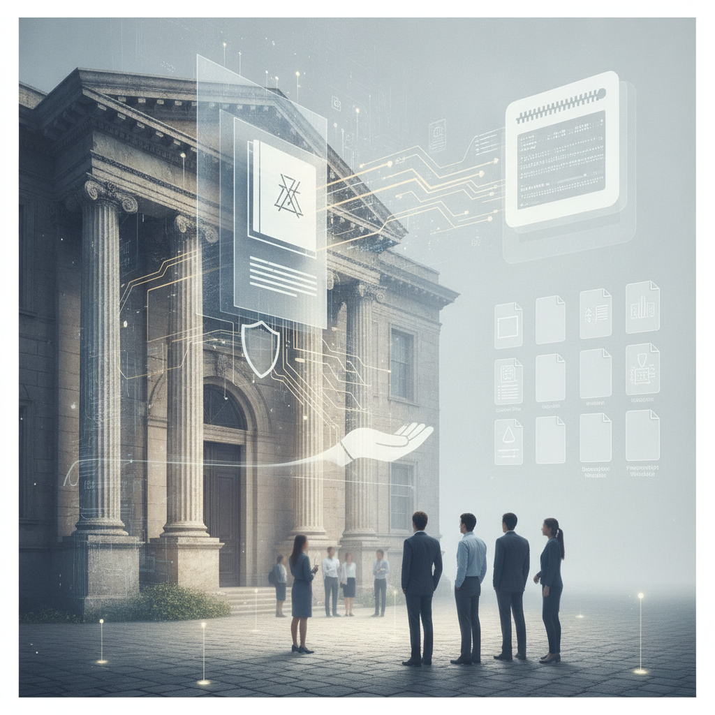 Group of people in business attire standing in front of a classical building with digital overlays r — SUCCESS Act of 2026