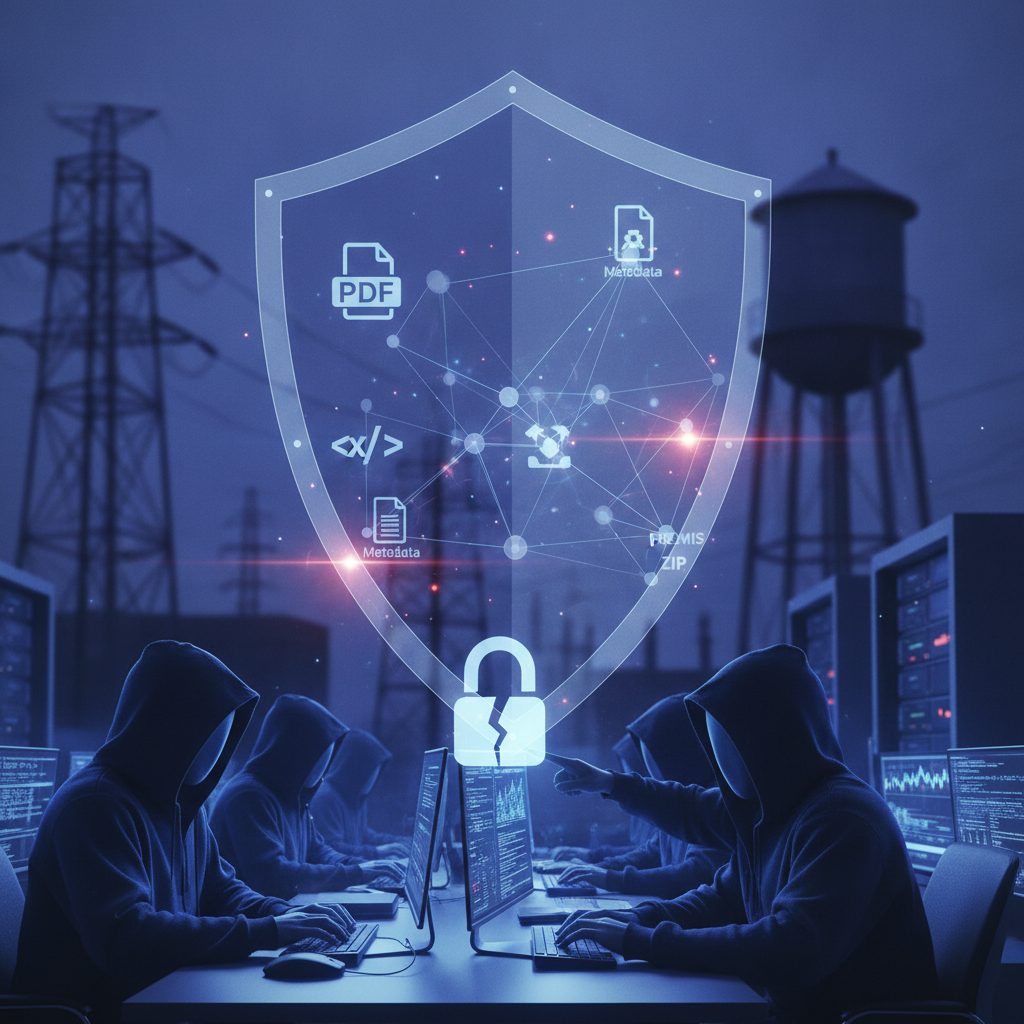 Digital grid overlay on public utility towers representing the Securing Our Critical Infrastructure Act.