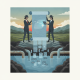 Two figures in suits holding a scroll and a tablet above a water source, with — Senate Bill 5578 Hawaiian Islands Program