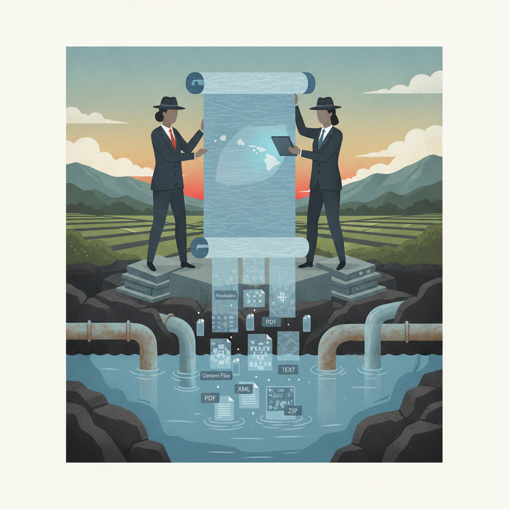 Two figures in suits holding a scroll and a tablet above a water source, with — Senate Bill 5578 Hawaiian Islands Program